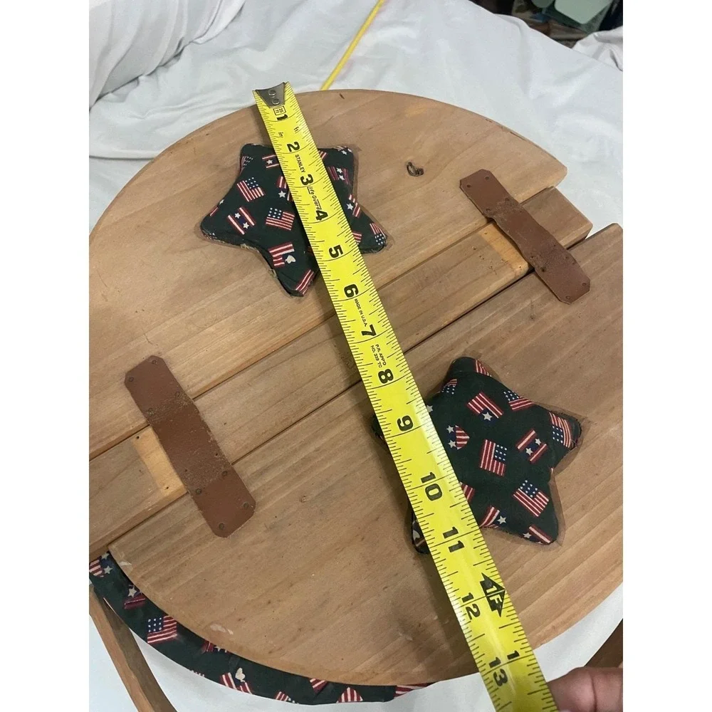 VTG 13Star Wood Double Lid Barrel Weave Basket Lined Flag Heart Leather USA Gift